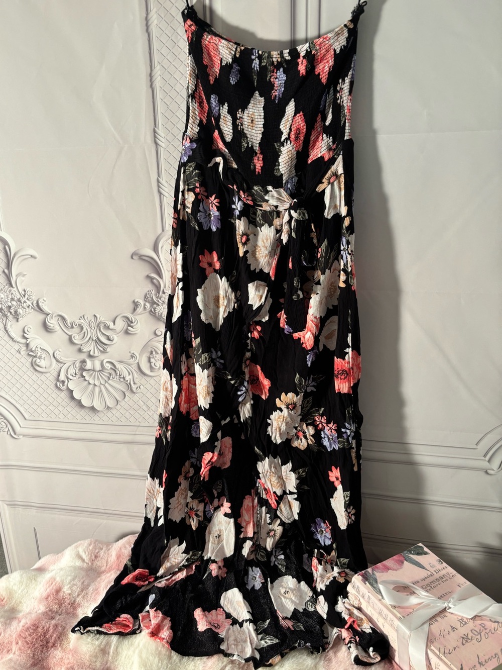 Onetheland Asymmetrical Black Floral Tube Top Maxi Dress - Size Small